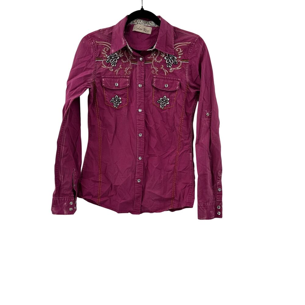Cedar rose pink distressed snap button down shirt